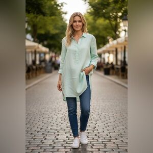 EILEEN FISHER 100% Organic Linen Tunic Top Long Sleeve Women's Large Lightweight